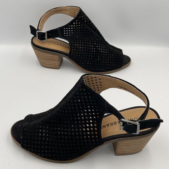 Lucky Brand BERTEL Suede Leather Peep Toe Heeled Sandals Shoes Womens SIZE 7.5 - Picture 7 of 8